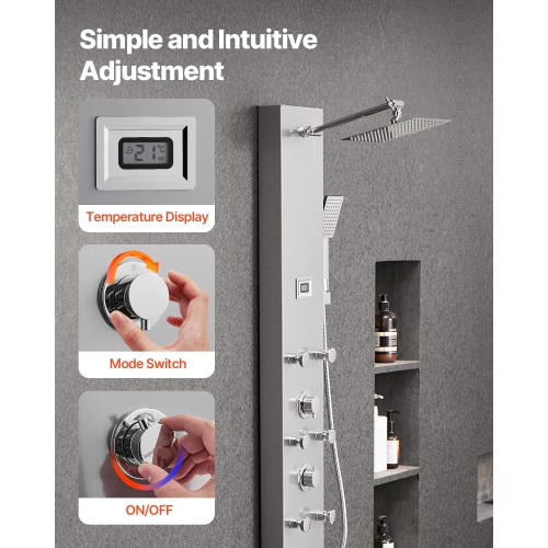 VEVOR 49 in Shower Panel Tower System with Rainfall Shower Head, LED, Brushed Stainless Steel Shower Column, 4-Function Faucet, Wall-Mount Rain