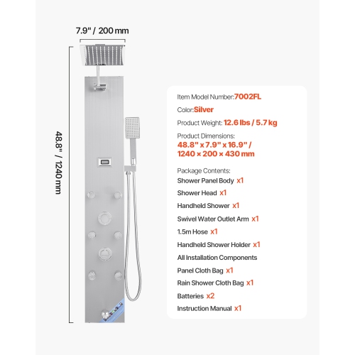 VEVOR 49 in Shower Panel Tower System with Rainfall Shower Head, LED, Brushed Stainless Steel Shower Column, 4-Function Faucet, Wall-Mount Rain