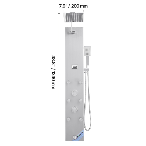 VEVOR 49 in Shower Panel Tower System with Rainfall Shower Head, LED, Brushed Stainless Steel Shower Column, 4-Function Faucet, Wall-Mount Rain