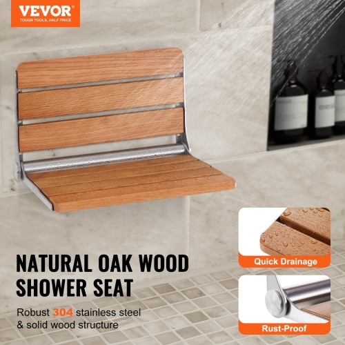 VEVOR 16.1" x 13.4" Folding Oak Shower Seat, Wall Mounted Fold Up Shower Bench with 440 lbs Load Capacity, Space Saving Home Care Fold Down Shower