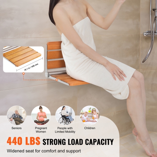 VEVOR 16.1" x 13.4" Folding Oak Shower Seat, Wall Mounted Fold Up Shower Bench with 440 lbs Load Capacity, Space Saving Home Care Fold Down Shower