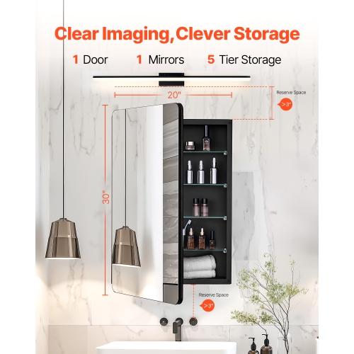 VEVOR 20 x 30 inch Medicine Cabinet, Medicine Cabinet for Bathroom with Mirror, Aluminum Frame Bathroom Wall Cabinet, 4-layer Adjustable Shelves,