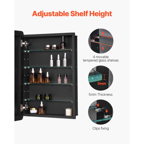 VEVOR 20 x 30 inch Medicine Cabinet, Medicine Cabinet for Bathroom with Mirror, Aluminum Frame Bathroom Wall Cabinet, 4-layer Adjustable Shelves,