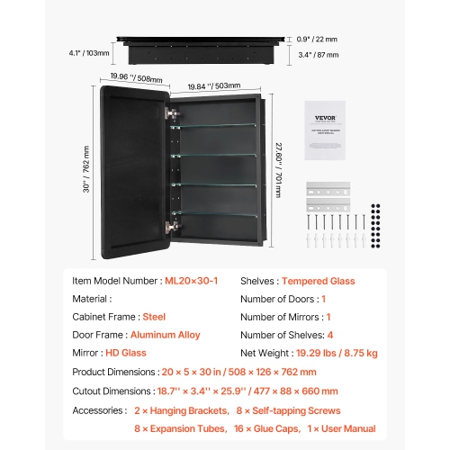VEVOR 20 x 30 inch Medicine Cabinet, Medicine Cabinet for Bathroom with Mirror, Aluminum Frame Bathroom Wall Cabinet, 4-layer Adjustable Shelves,