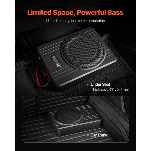 VEVOR 10" 300W Underseat Car Subwoofer, Slim Powered Car Subwoofers Under the Seat, Low Profile Audio Sub Built-in Amplifier, High/Low Level Input &