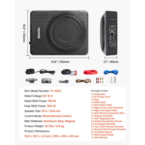 VEVOR 10" 300W Underseat Car Subwoofer, Slim Powered Car Subwoofers Under the Seat, Low Profile Audio Sub Built-in Amplifier, High/Low Level Input &
