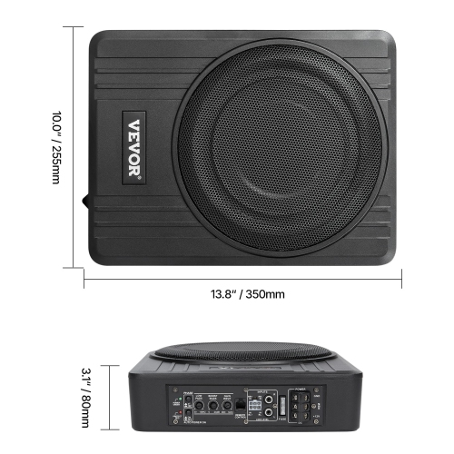 VEVOR 10" 300W Underseat Car Subwoofer, Slim Powered Car Subwoofers Under the Seat, Low Profile Audio Sub Built-in Amplifier, High/Low Level Input &