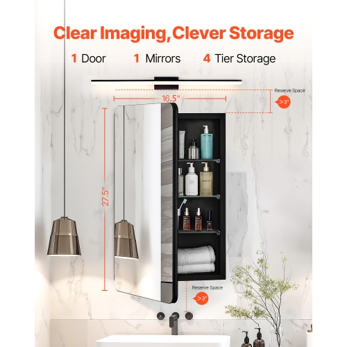 Armoire à pharmacie VEVOR 16,5 x 27.5&nbsp;po, armoire à pharmacie pour salle de bain avec miroir, armoire murale de salle de bain à cadre en