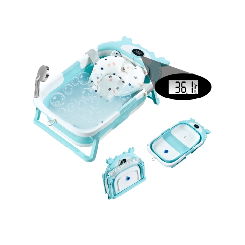 VEVOR 5 Gal Baby Bathtub, Collapsible Baby Bath Tub with Thermometer and Soft Cushion, Durable Green Bathtub with Showerhead Holder & Drainage Hole,