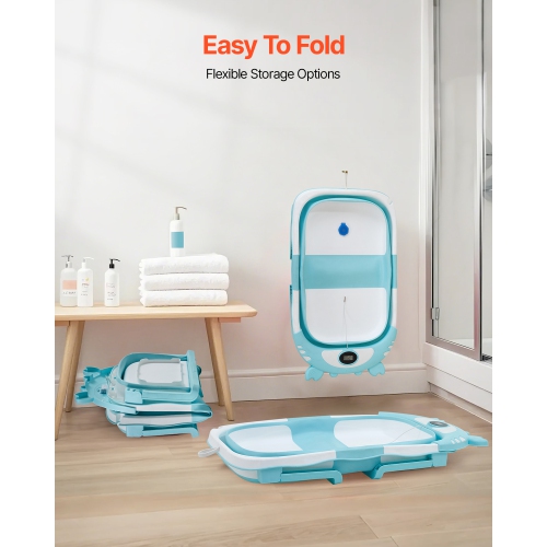 VEVOR 5 Gal Baby Bathtub, Collapsible Baby Bath Tub with Thermometer and Soft Cushion, Durable Green Bathtub with Showerhead Holder & Drainage Hole,