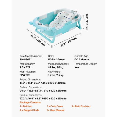 VEVOR 5 Gal Baby Bathtub, Collapsible Baby Bath Tub with Thermometer and Soft Cushion, Durable Green Bathtub with Showerhead Holder & Drainage Hole,