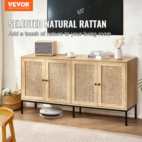 VEVOR 4 Magnetic Doors Rattan Cabinet, Rattan Storage Cabinet whith Adjustable Shelves, Sideboard Buffet Cabinet for Hallway, Entryway, Living Room,
