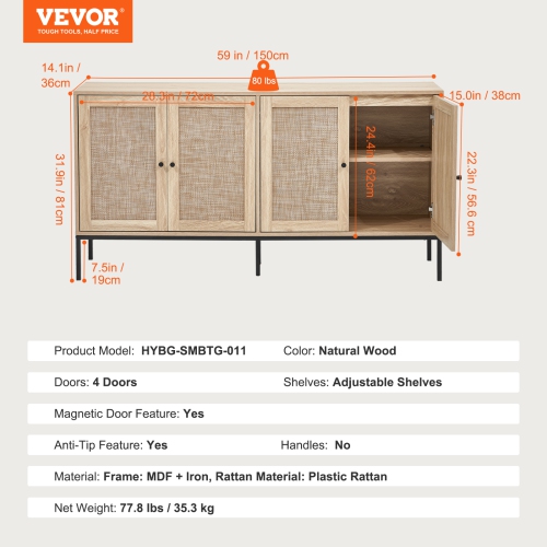 VEVOR 4 Magnetic Doors Rattan Cabinet, Rattan Storage Cabinet whith Adjustable Shelves, Sideboard Buffet Cabinet for Hallway, Entryway, Living Room,