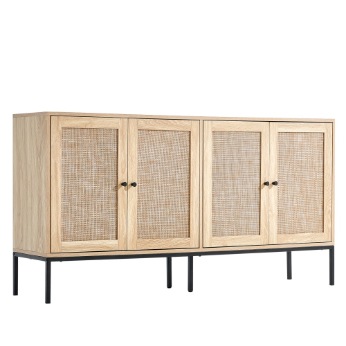 VEVOR 4 Magnetic Doors Rattan Cabinet, Rattan Storage Cabinet whith Adjustable Shelves, Sideboard Buffet Cabinet for Hallway, Entryway, Living Room,