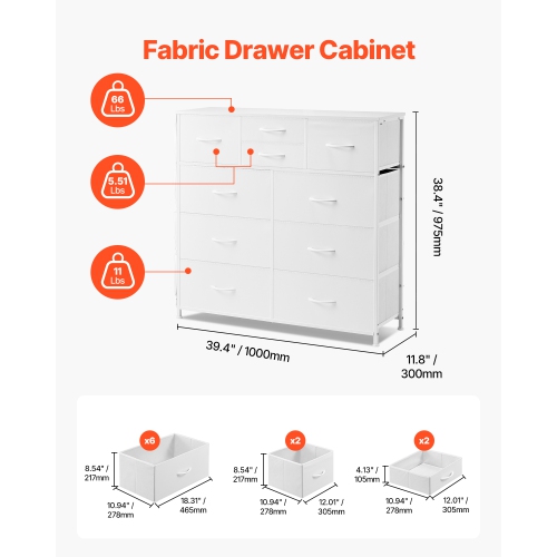 VEVOR 10 Drawer Dresser, Fabric Drawer Dresser with Fabric Bins, Closet Storage Drawers with Easy Pull Handle and Sturdy Steel Frame, Fabric Storage