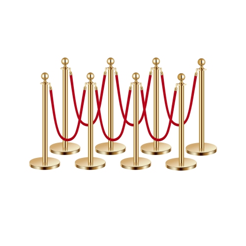 VEVOR 8 Pcs Stanchion Post, Crowd Control Barrier Set with 6 Red Velvet Ropes, 5 ft Stainless Steel Gold Stanchion Post Queue with Sand Injection