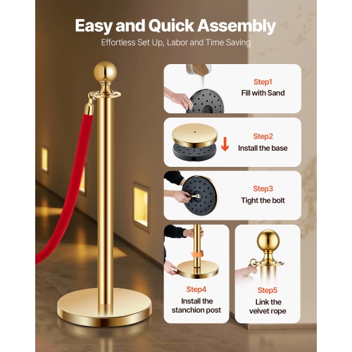 VEVOR 8 Pcs Stanchion Post, Crowd Control Barrier Set with 6 Red Velvet Ropes, 5 ft Stainless Steel Gold Stanchion Post Queue with Sand Injection