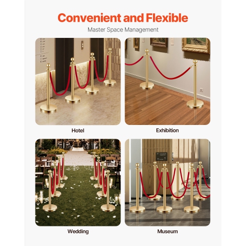 VEVOR 8 Pcs Stanchion Post, Crowd Control Barrier Set with 6 Red Velvet Ropes, 5 ft Stainless Steel Gold Stanchion Post Queue with Sand Injection
