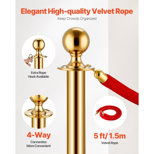 VEVOR 8 Pcs Stanchion Post, Crowd Control Barrier Set with 6 Red Velvet Ropes, 5 ft Stainless Steel Gold Stanchion Post Queue with Sand Injection