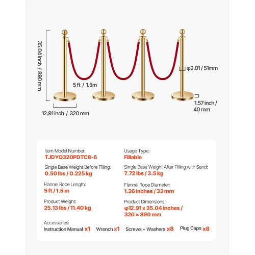 VEVOR 8 Pcs Stanchion Post, Crowd Control Barrier Set with 6 Red Velvet Ropes, 5 ft Stainless Steel Gold Stanchion Post Queue with Sand Injection