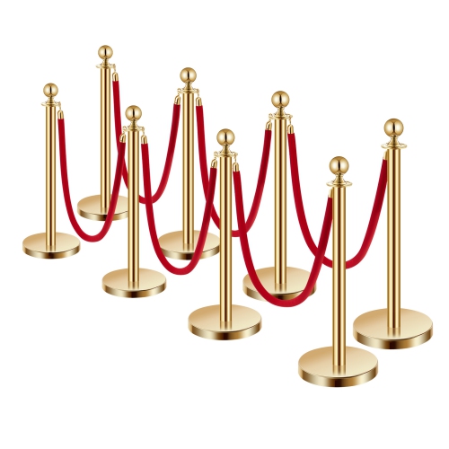 VEVOR 8 Pcs Stanchion Post, Crowd Control Barrier Set with 6 Red Velvet Ropes, 5 ft Stainless Steel Gold Stanchion Post Queue with Sand Injection