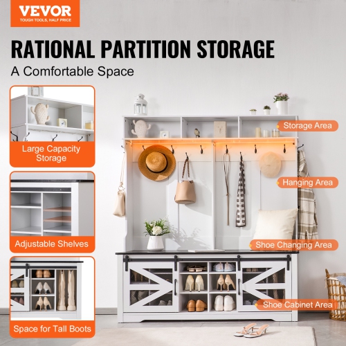 VEVOR 59" Wide Hall Tree Entryway Bench, LED Coat Rack with Shoe Storage, Mudroom bench with Storage and Seating, Adjustable Shelves and 12 Hanging