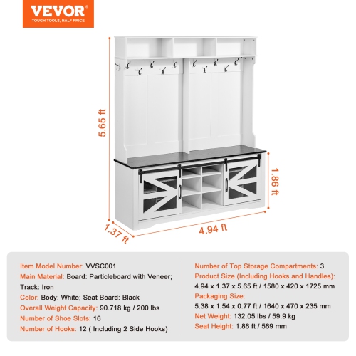 VEVOR 59" Wide Hall Tree Entryway Bench, LED Coat Rack with Shoe Storage, Mudroom bench with Storage and Seating, Adjustable Shelves and 12 Hanging