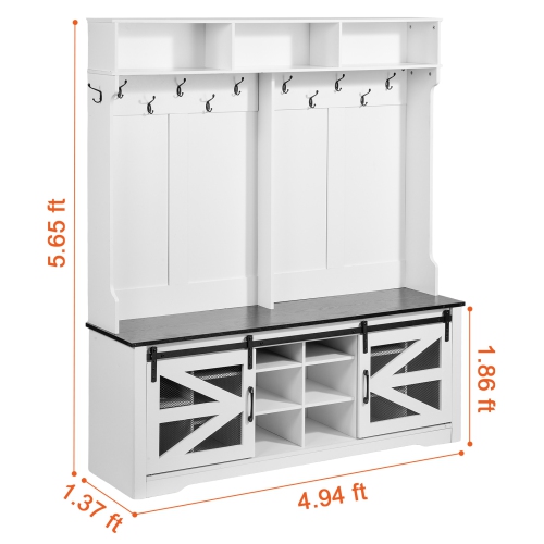 VEVOR 59" Wide Hall Tree Entryway Bench, LED Coat Rack with Shoe Storage, Mudroom bench with Storage and Seating, Adjustable Shelves and 12 Hanging