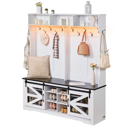 VEVOR 59" Wide Hall Tree Entryway Bench, LED Coat Rack with Shoe Storage, Mudroom bench with Storage and Seating, Adjustable Shelves and 12 Hanging