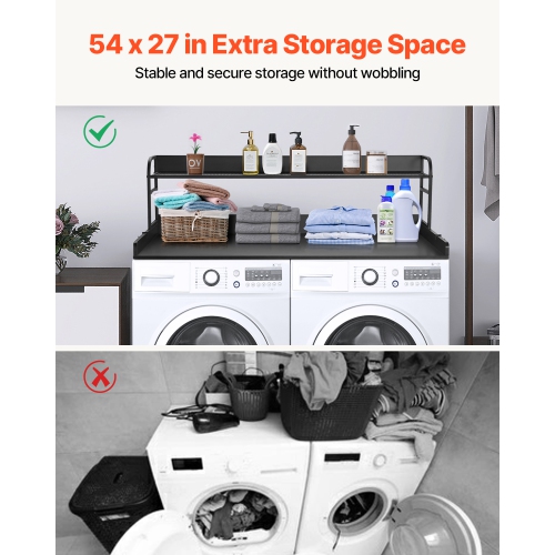 VEVOR 54" x 27" Washer Dryer Countertop with 2-Tier Shelf,Wooden Washer and Dryer Countertop with Anti-Slip Pads,Water-Resistant Laundry Topper Cover