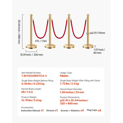 VEVOR 4 Pcs Stanchion Post, Crowd Control Barrier Set with 3 Red Velvet Ropes, 5 ft Stainless Steel Gold Stanchion Post Queue with Sand Injection