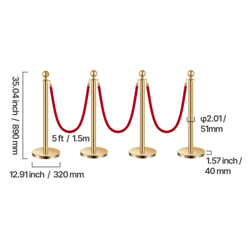 VEVOR 4 Pcs Stanchion Post, Crowd Control Barrier Set with 3 Red Velvet Ropes, 5 ft Stainless Steel Gold Stanchion Post Queue with Sand Injection