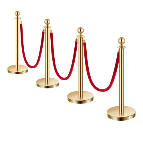 VEVOR 4 Pcs Stanchion Post, Crowd Control Barrier Set with 3 Red Velvet Ropes, 5 ft Stainless Steel Gold Stanchion Post Queue with Sand Injection