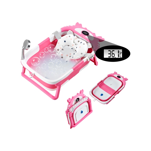 Baignoire pour bébé de 5 gallons VEVOR, baignoire pliante pour bébé avec thermomètre et coussin doux, baignoire rose durable et portative avec