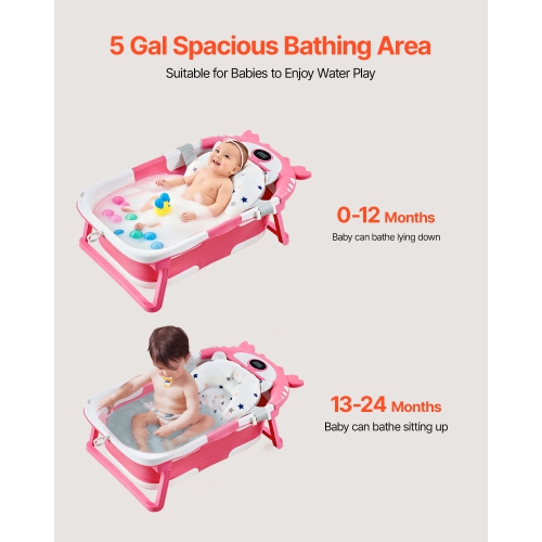 Baignoire pour bébé de 5 gallons VEVOR, baignoire pliante pour bébé avec thermomètre et coussin doux, baignoire rose durable et portative avec