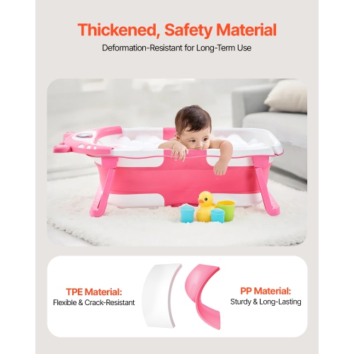 Baignoire pour bébé de 5 gallons VEVOR, baignoire pliante pour bébé avec thermomètre et coussin doux, baignoire rose durable et portative avec