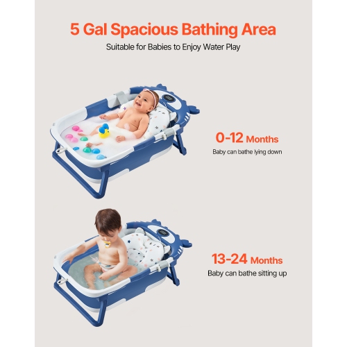 VEVOR 5 Gal Baby Bathtub, Collapsible Baby Bath Tub with Thermometer and Soft Cushion, Durable & Portable Blue Bathtub with Showerhead Holder &