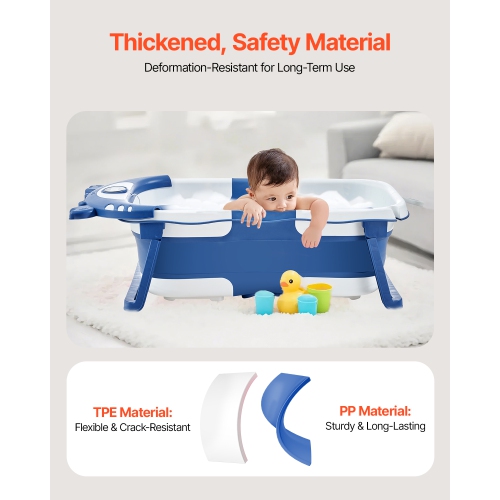 VEVOR 5 Gal Baby Bathtub, Collapsible Baby Bath Tub with Thermometer and Soft Cushion, Durable & Portable Blue Bathtub with Showerhead Holder &