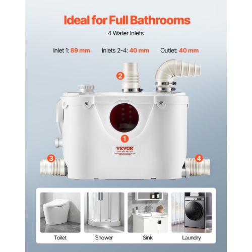 VEVOR 500W Macerator Pump, 29 GPM Flow, 26 ft/8 m Head, Macerator Sewerage Toilet Pump with 4 Water Inlets, Waste Water Disposal Upflush Machine for