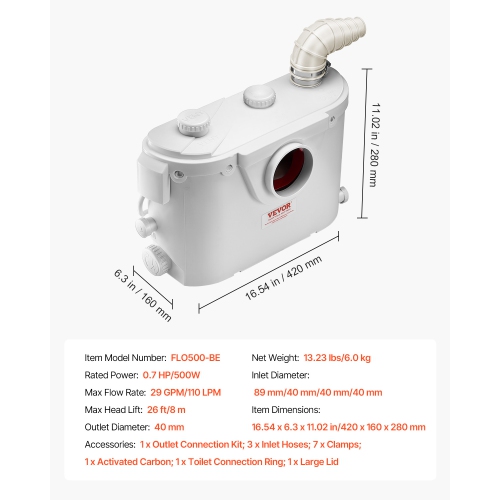 VEVOR 500W Macerator Pump, 29 GPM Flow, 26 ft/8 m Head, Macerator Sewerage Toilet Pump with 4 Water Inlets, Waste Water Disposal Upflush Machine for