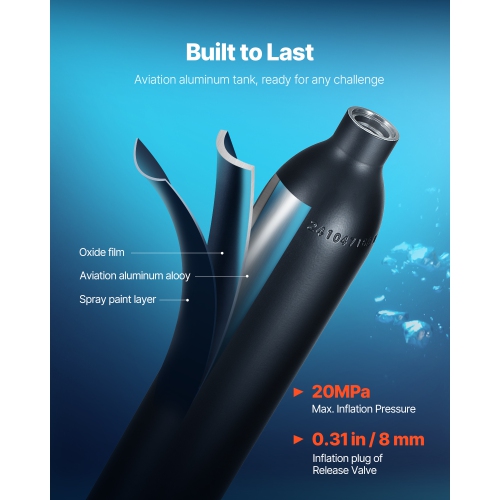 VEVOR 0.5L Scuba Tank, Portable Diving Tank, Diving Oxygen Cylinder Support 5-10 Minutes Underwater Breathing, 32.81 ft Diving Depth, Refillable