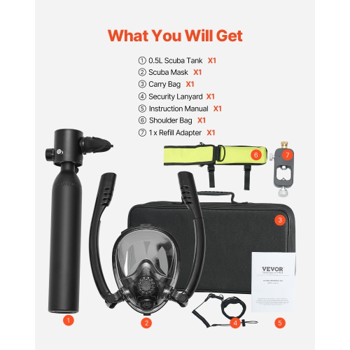 VEVOR 0.5L Scuba Tank, Portable Diving Tank, Diving Oxygen Cylinder Support 5-10 Minutes Underwater Breathing, 32.81 ft Diving Depth, Refillable