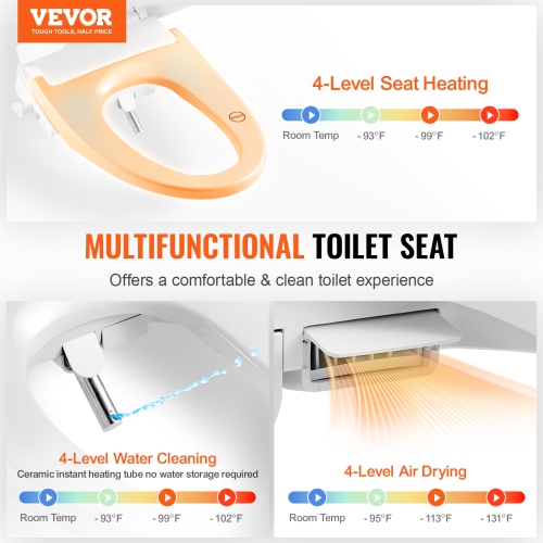 VEVOR Elongated Bidet Toilet Seat, Remote Control Smart Toilet Seat for Existing Toilets, Electric Bidet Toilet Seat with Slow Close, Night Light,
