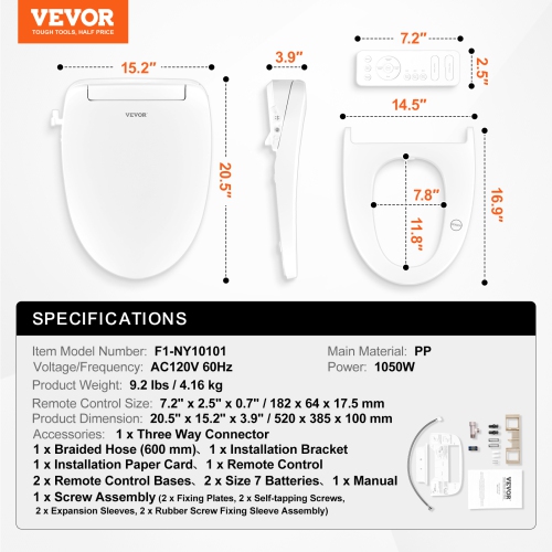 VEVOR Elongated Bidet Toilet Seat, Remote Control Smart Toilet Seat for Existing Toilets, Electric Bidet Toilet Seat with Slow Close, Night Light,