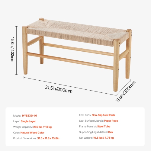 VEVOR 31.5" Rattan Bench, Wooden Rattan Bench, Entrywway Bench with Oak Wood Legs, Bedroom End of Bed Boho Bench with Hand Woven Rattan, for Living