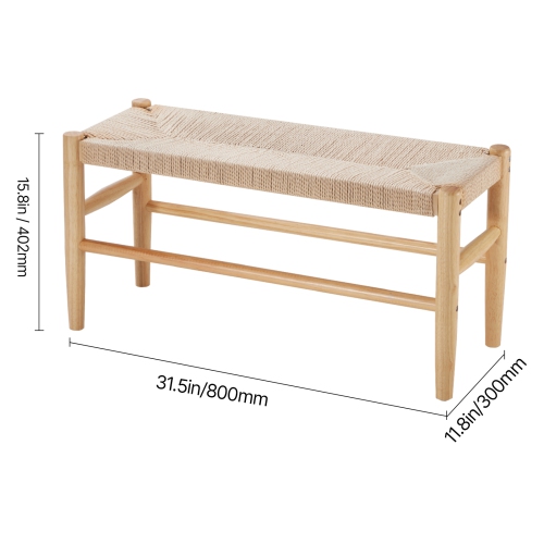 VEVOR 31.5" Rattan Bench, Wooden Rattan Bench, Entrywway Bench with Oak Wood Legs, Bedroom End of Bed Boho Bench with Hand Woven Rattan, for Living