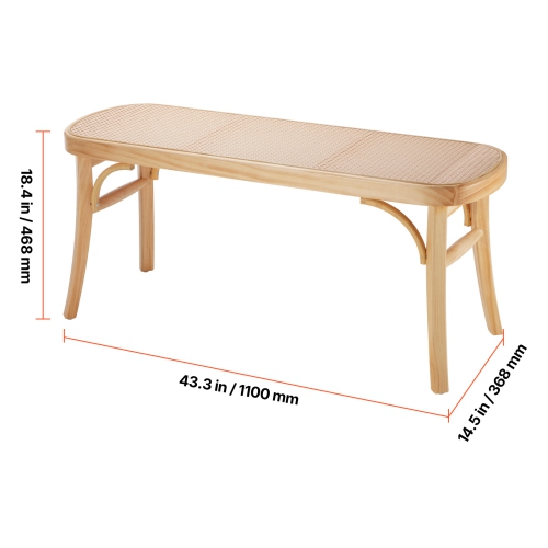 VEVOR 43.3" Rattan Bench, Wooden Rattan Bench, Entrywway Bench with Oak Wood Legs, Bedroom End of Bed Boho Bench with Hand Woven Rattan, for Living