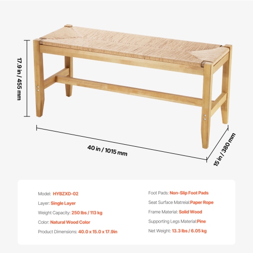 VEVOR 40" Rattan Bench, Wooden Rattan Bench, Entrywway Bench with Oak Wood Legs, Bedroom End of Bed Boho Bench with Hand Woven Rattan, for Living