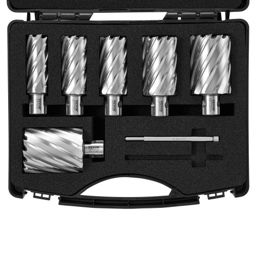 VEVOR 6 pcs Annular Cutter Set, Universal Shank Mag Drill Bits, 2" Cutting Depth, 1" to 2" Cutting Diameter, M2AL High-Speed Steel, with 2 Pilot