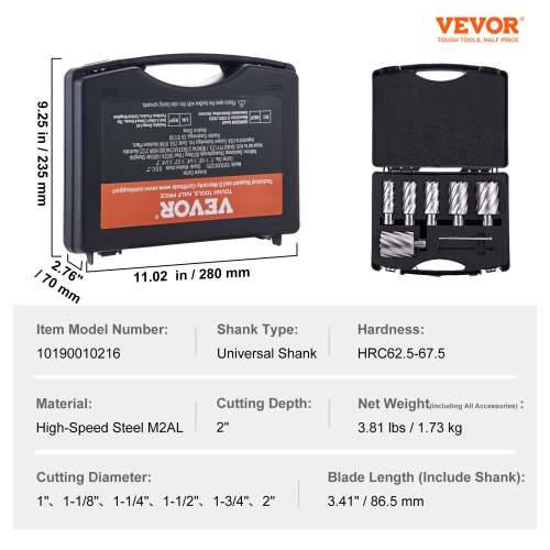 VEVOR 6 pcs Annular Cutter Set, Universal Shank Mag Drill Bits, 2" Cutting Depth, 1" to 2" Cutting Diameter, M2AL High-Speed Steel, with 2 Pilot